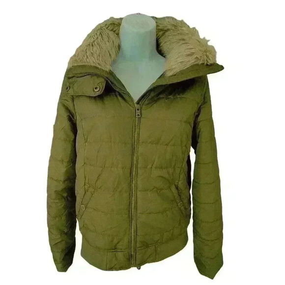 Aeropostale puffer jacket with faux fur Trim Collar/Green Zip Up/ Size S - Picture 1 of 10